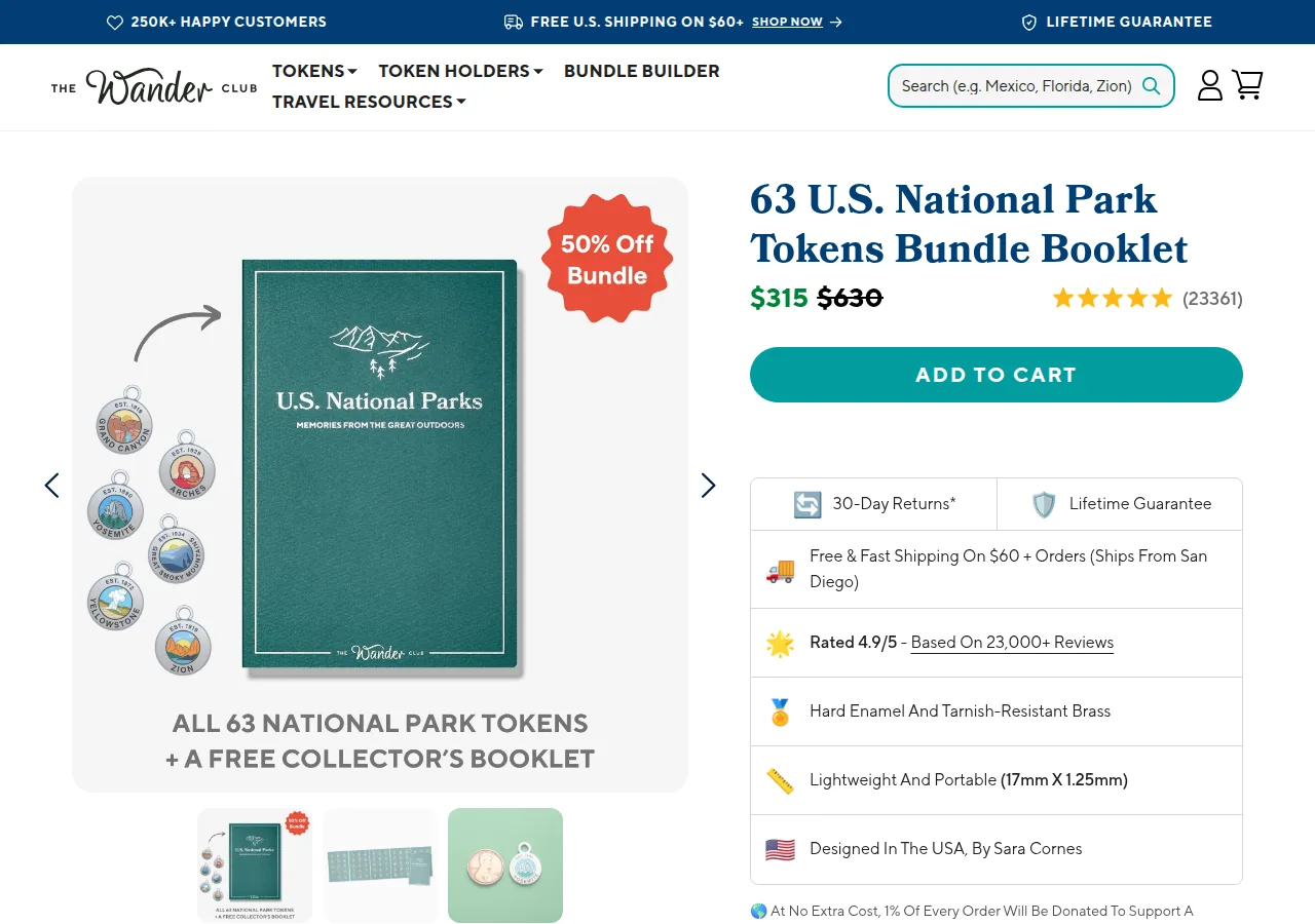 The 63 U.S. National Park Tokens Bundle Booklet page priced at $315 against $630