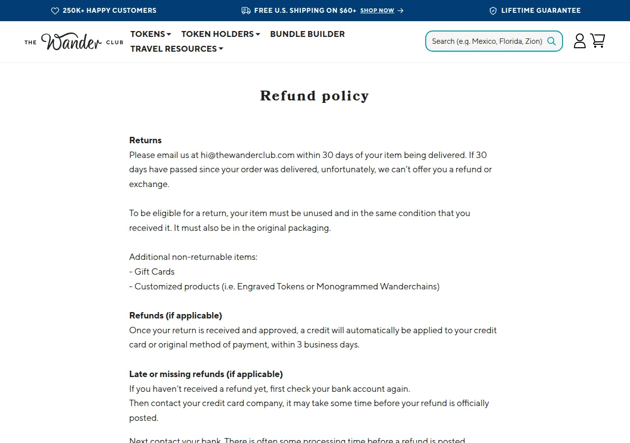 The Wander Club Refund policy page explaining the 30-day return window