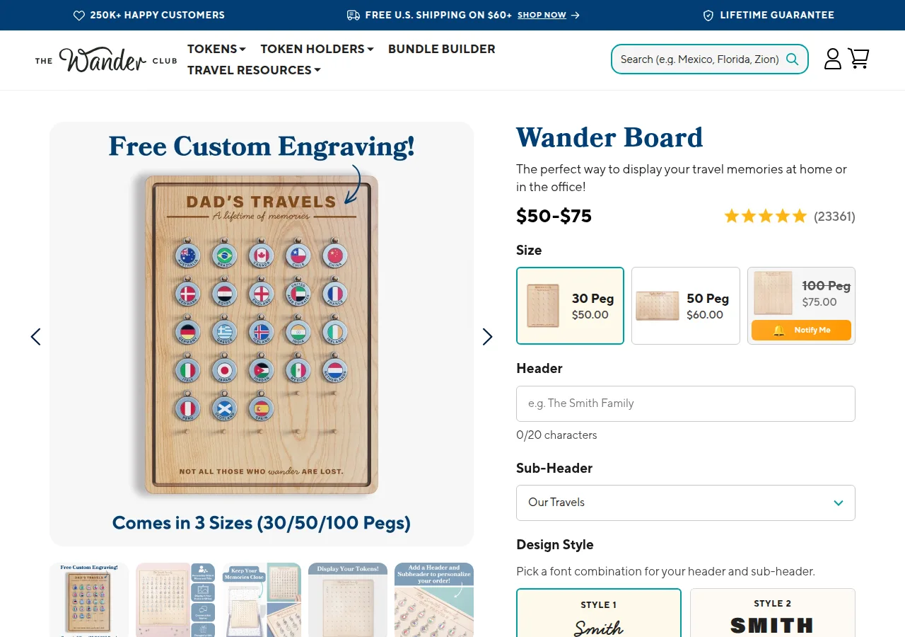 The Wander Board product page with an engraved birch display board in three sizes