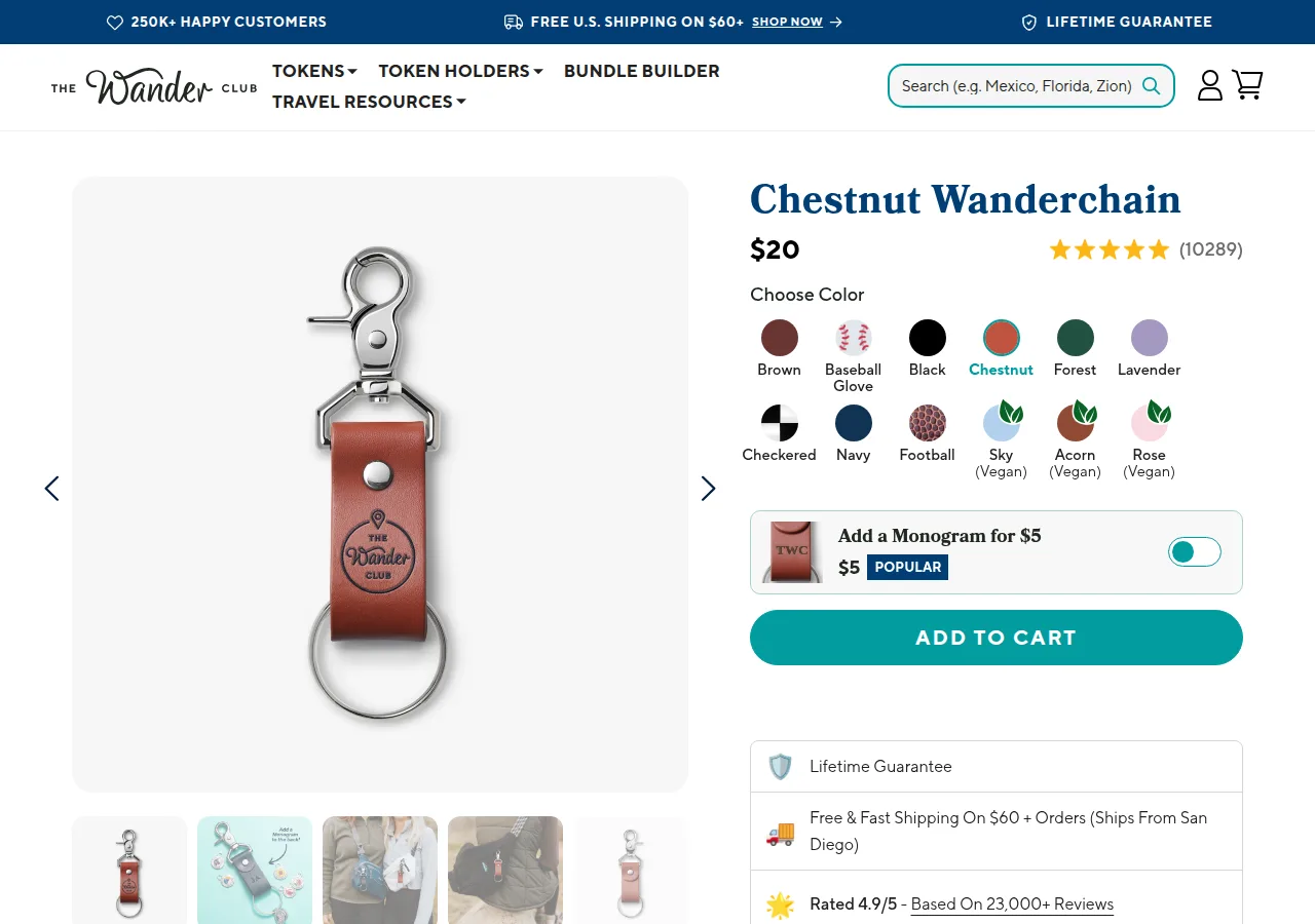 The Chestnut Wanderchain product page with a leather keychain priced at $20 and colour options