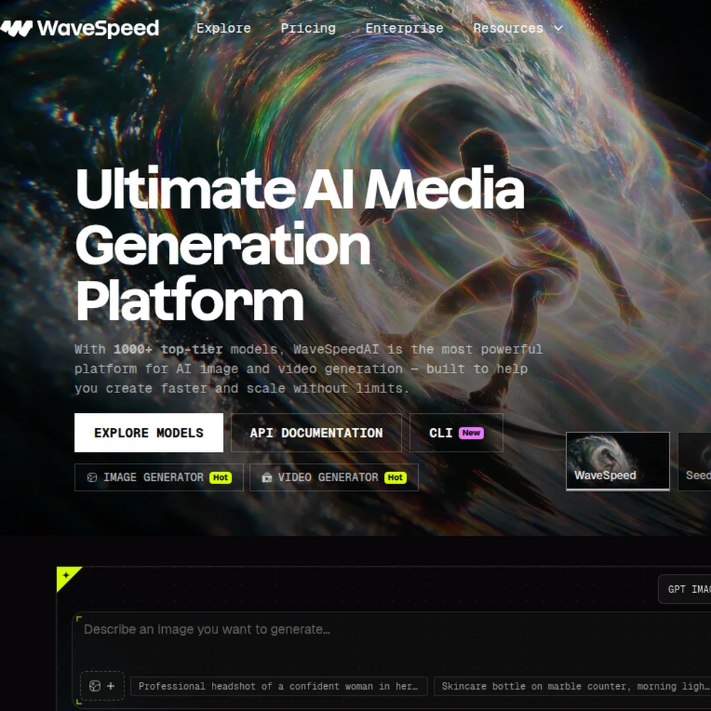The WaveSpeedAI home page showing the headline Ultimate AI Media Generation Platform and its model tabs