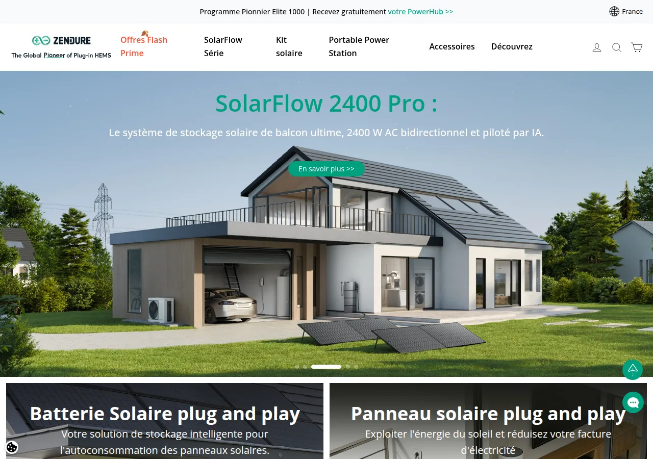 Screenshot of the zendure.fr home page showing a SolarFlow 2400 Pro banner over a house with a garage and solar panels