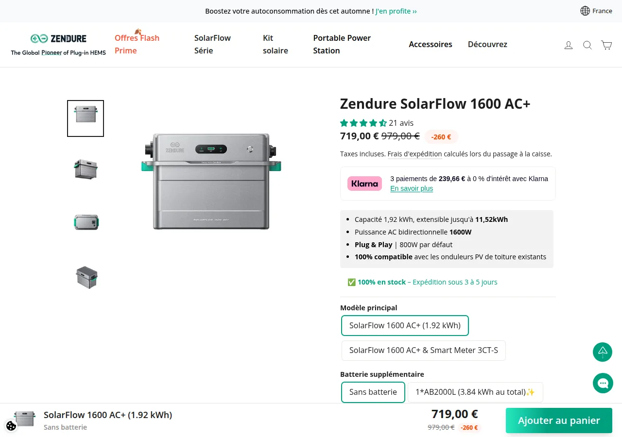 The zendure.fr SolarFlow 1600 AC+ product page showing 719 euros against 979, 21 reviews and a 1.92 kWh capacity
