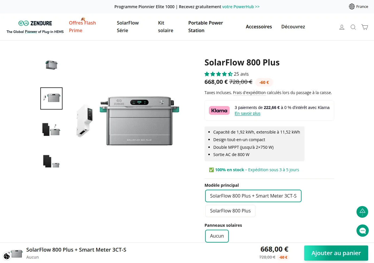 The zendure.fr SolarFlow 800 Plus product page showing 668 euros with a smart meter, 25 reviews and 100% in stock