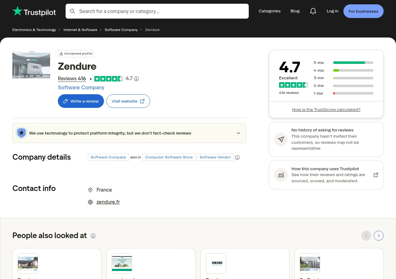 The Trustpilot page for zendure.fr showing 4.7 out of 5 from 416 reviews and an unclaimed profile label