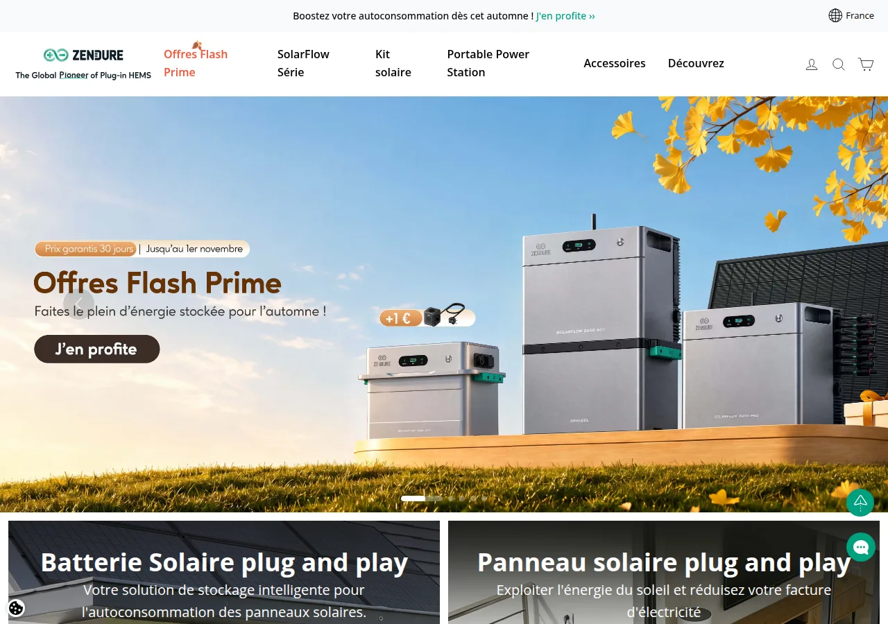 Screenshot of the zendure.fr home page showing the Offres Flash Prime banner with SolarFlow batteries on a wooden stage