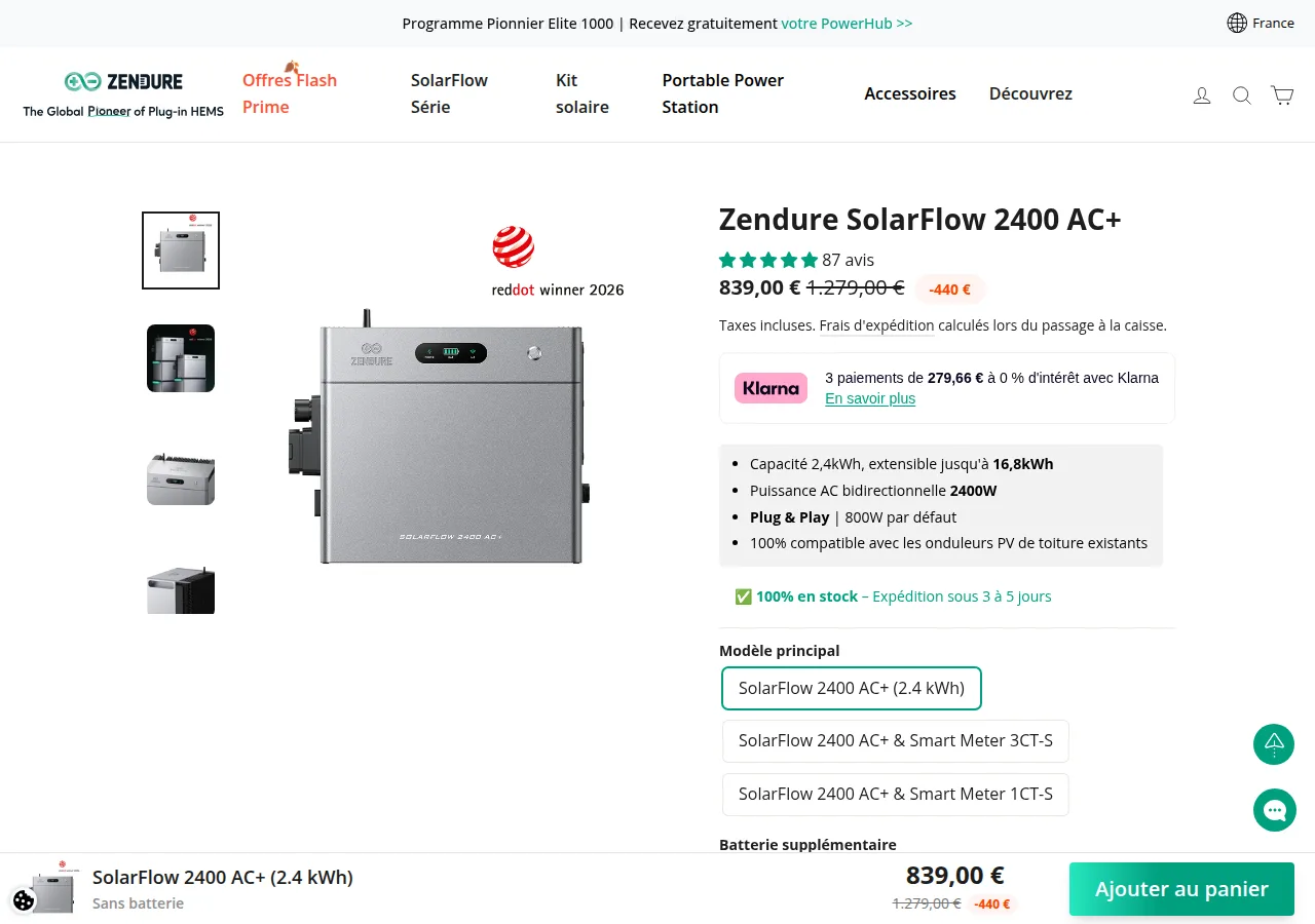 The zendure.fr product page for the SolarFlow 2400 AC+ with a Red Dot winner 2026 badge, €839 price and 87 reviews