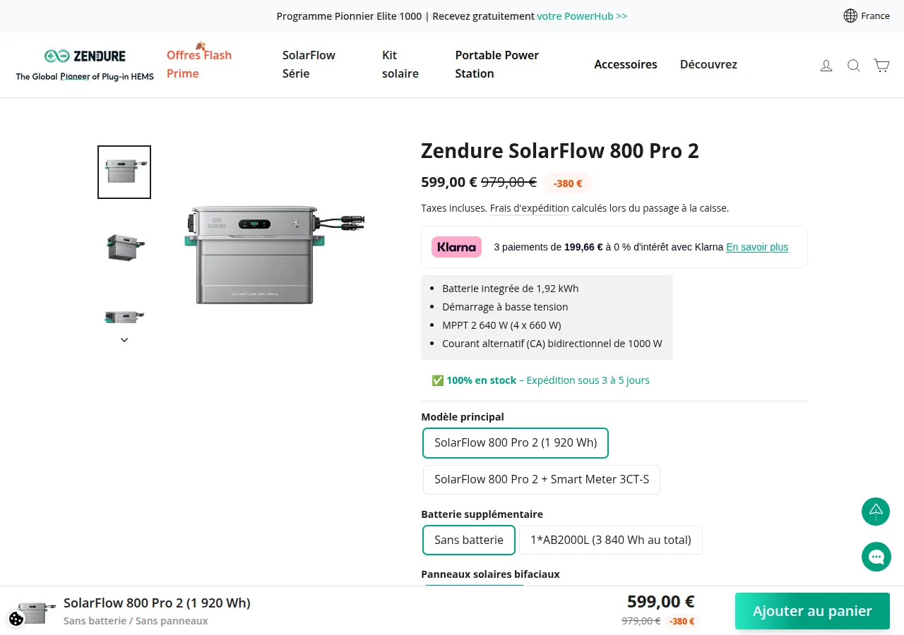 The zendure.fr product page for the SolarFlow 800 Pro 2 showing a 1.92 kWh integrated battery and €599 price